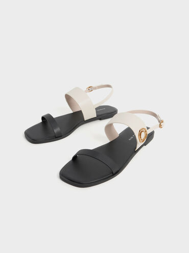 Metallic Accent Back Strap Sandals, Black Textured, hi-res