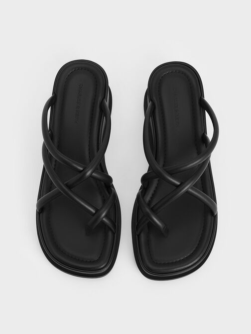 Strappy Tubular Wedge Sandals, Black, hi-res