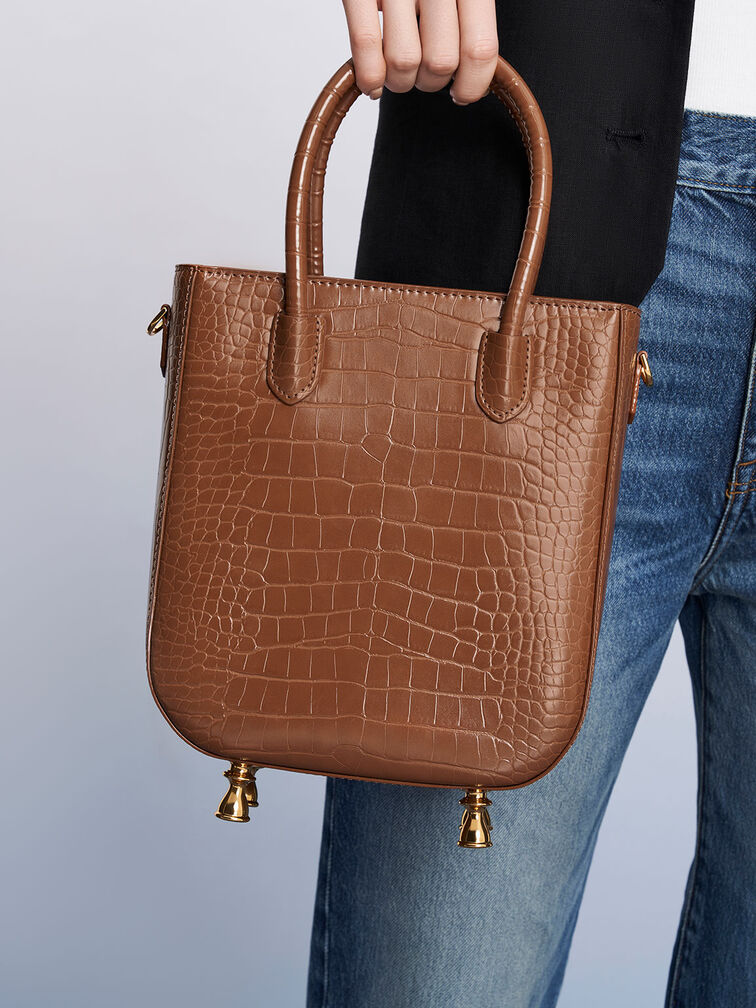 Meriah Croc-Embossed Tote Bag, Chocolate, hi-res