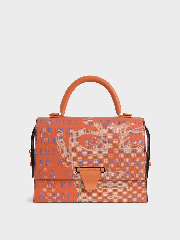 Graphic Printed Top Handle Bag, Orange, hi-res