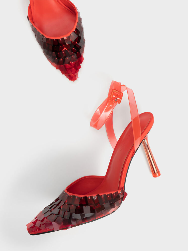 Sequinned Satin Ankle-Strap Pumps, Red, hi-res