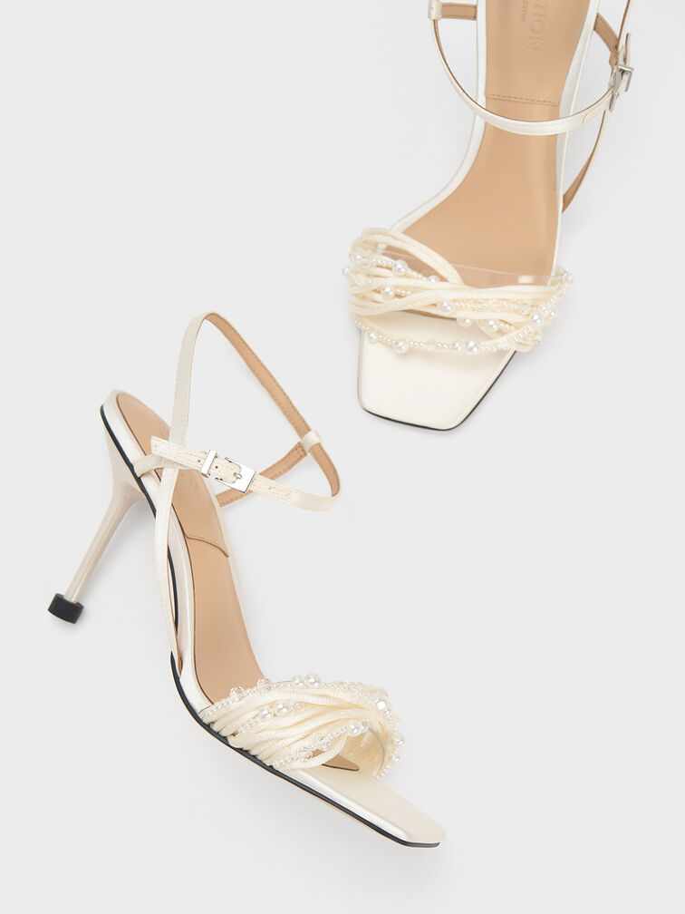 Leda Beaded Asymmetric Satin Sandals, White, hi-res