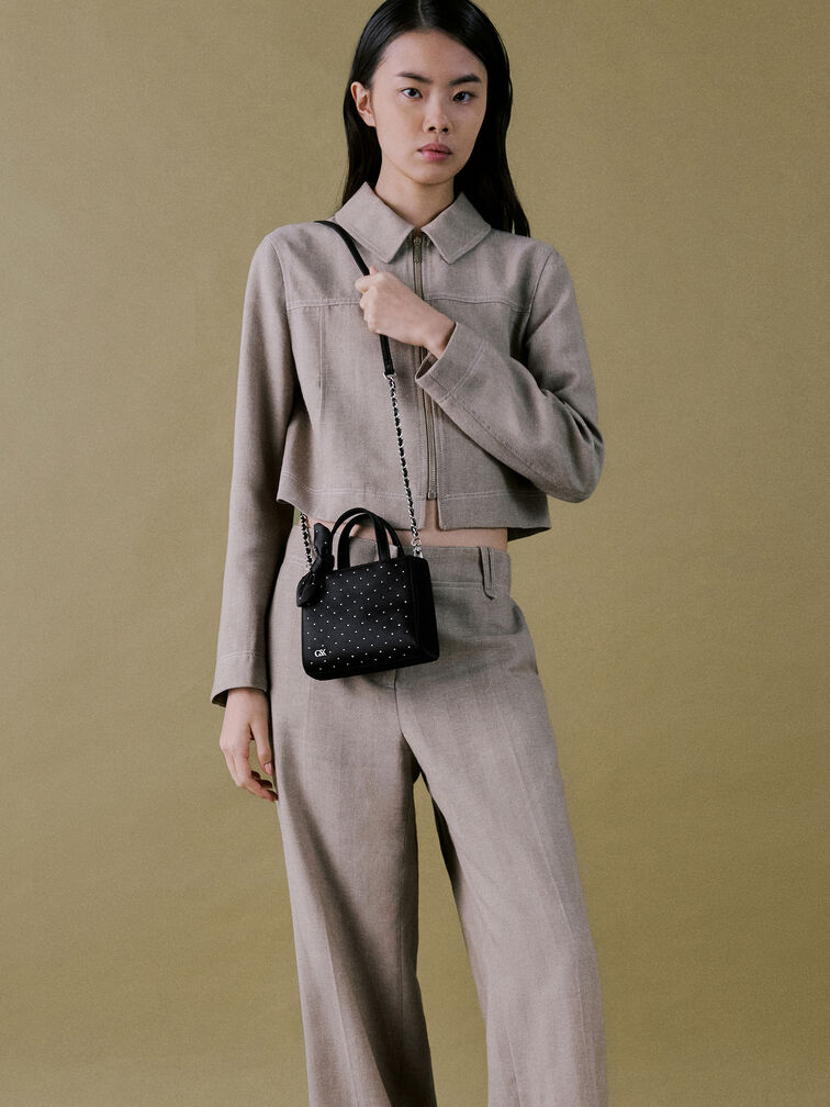 Satin Studded Knot-Bow Mini Bag, Noir Studded Satin, hi-res