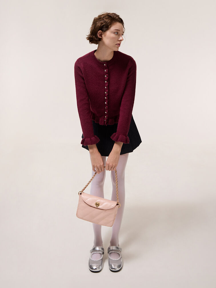 Fawn Panelled Front Flap Chain-Handle Bag, Light Pink, hi-res