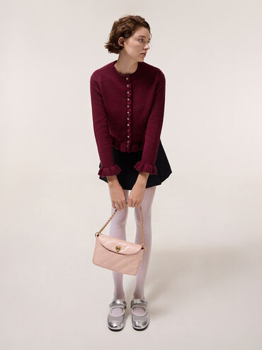 Fawn Panelled Front Flap Chain-Handle Bag, Light Pink, hi-res