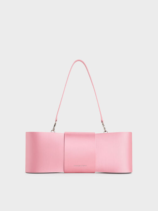 Satin Bow Elongated Shoulder Bag, Flamingo Pink, hi-res