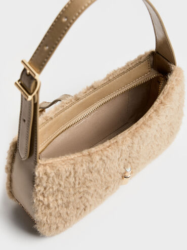 Cesia Faux Shearling Metallic-Accent Shoulder Bag, Nutmeg Beige, hi-res