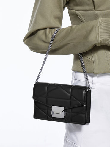 Blanche Chevron Chain-Strap Clutch, Noir, hi-res