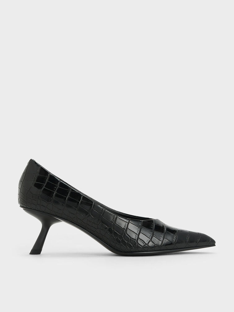 Croc-Effect Slant Heel Pumps, Animal Print Black, hi-res