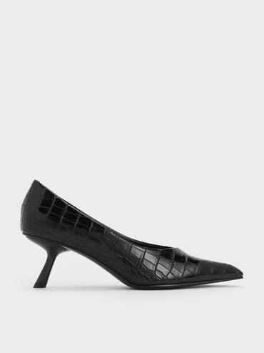 Croc-Effect Slant Heel Pumps, Animal Print Black, hi-res