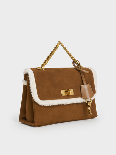 Kerry Recycled Suede & Faux Shearling Chain-Handle Crossbody Bag, Sienna Brown, hi-res