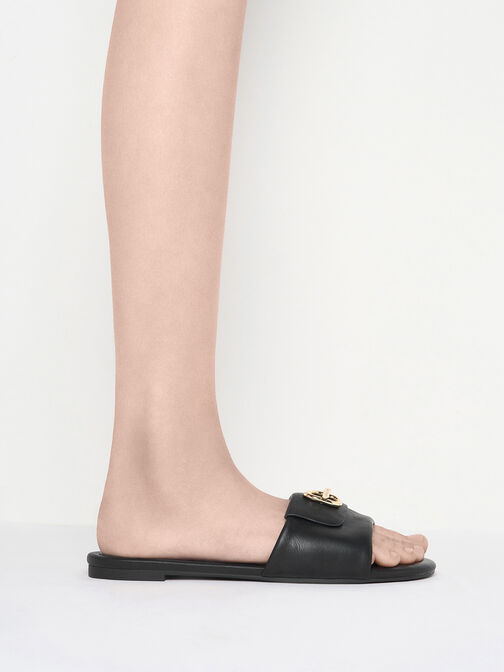 Metallic-Accent Slide Sandals, Black, hi-res