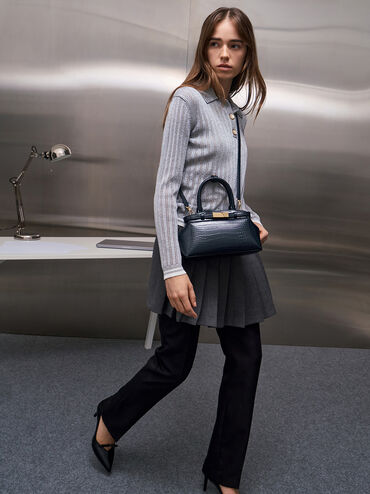 Aurelia Croc-Effect Metallic-Accent Elongated Tote, Navy, hi-res