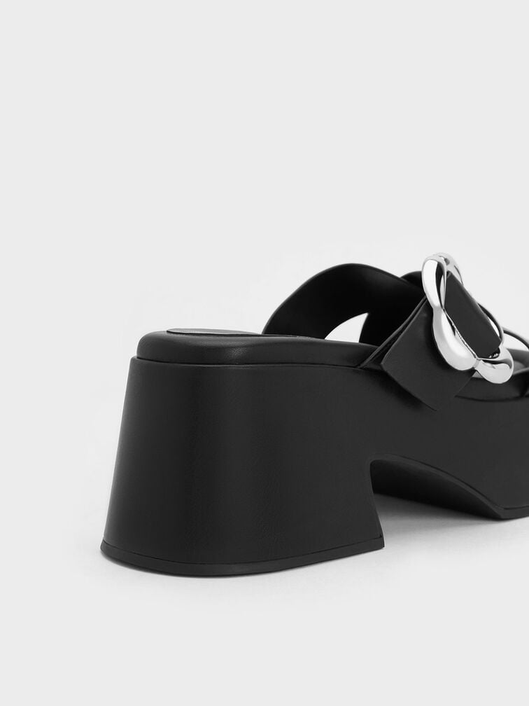 Flower-Buckle Crossover Platform Mules, Black, hi-res