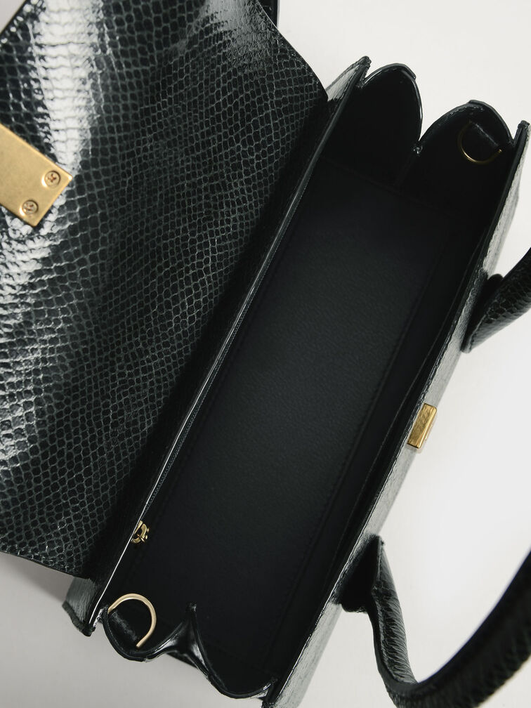Locket Snake-Print Push-Lock Bag, Dark Green, hi-res