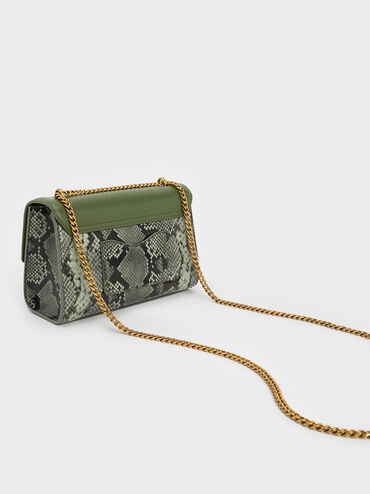 Ebba Snake Print Chain-Strap Bag, Green, hi-res