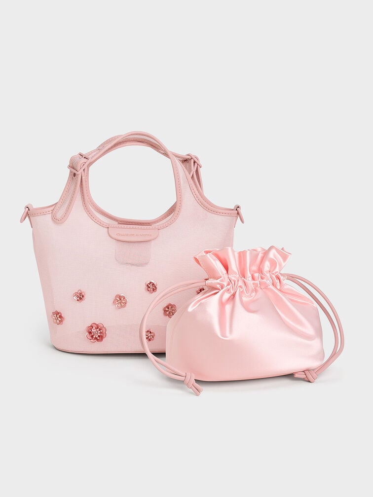 Mesh Sequin-Flower Tote Bag, Blossom Pink, hi-res