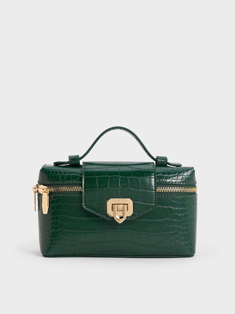Arwen Croc-Effect Top Handle Vanity Bag, Dark Green, hi-res