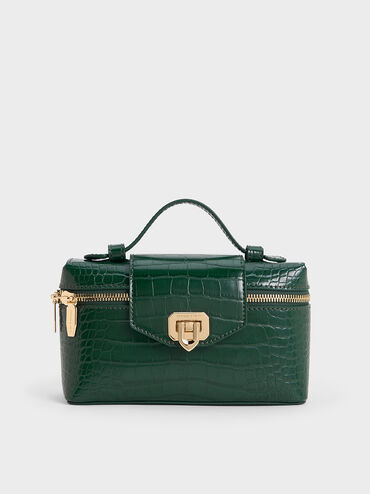 Arwen Croc-Effect Top Handle Vanity Bag, Dark Green, hi-res
