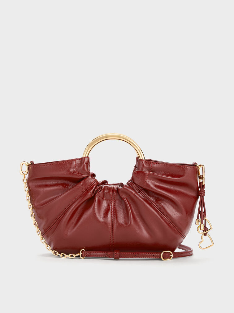 Ciara Ruched Metal Top Handle Bag, Burgundy, hi-res