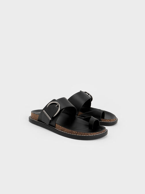 Metallic Buckle Toe-Ring Sandals, Black, hi-res