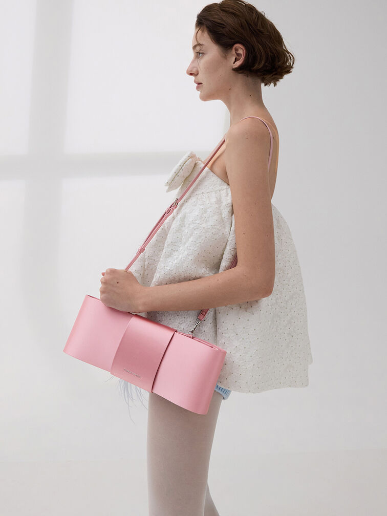 Satin Bow Elongated Shoulder Bag, Flamingo Pink, hi-res