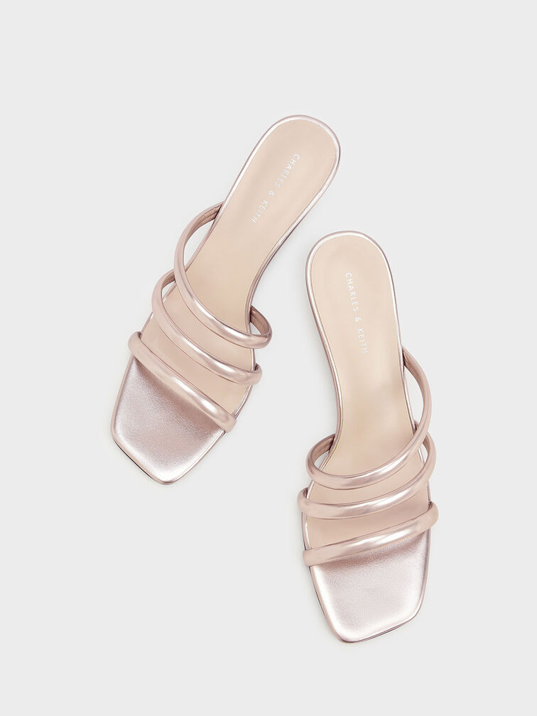 Sculptural Heel Metallic Tubular Mules, Rose Gold, hi-res