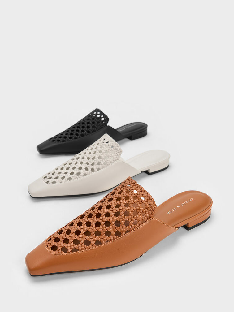 Woven Tapered Flat Mules, Cognac, hi-res