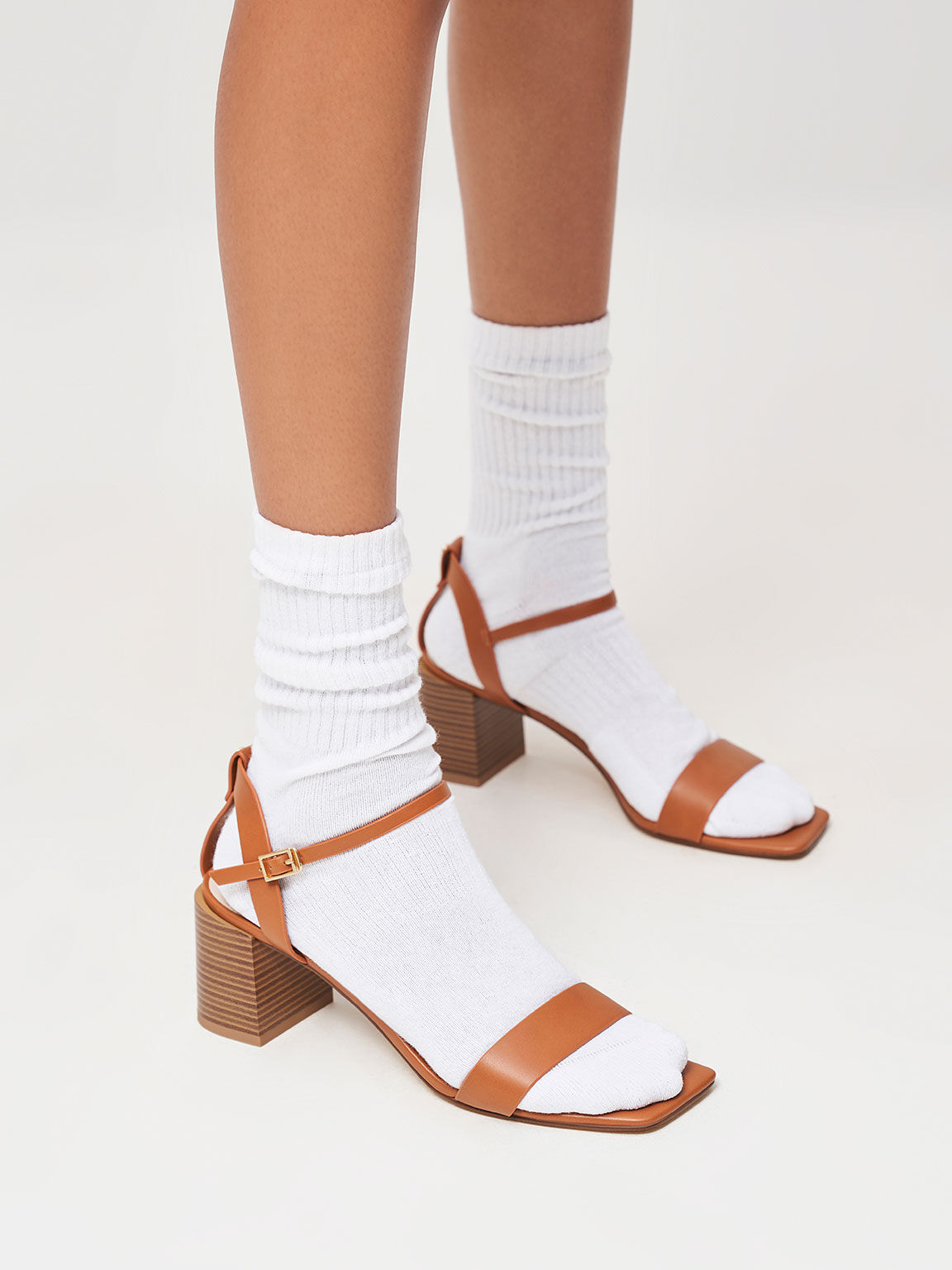 Ankle Strap Stacked Heel Sandals, Caramel, hi-res
