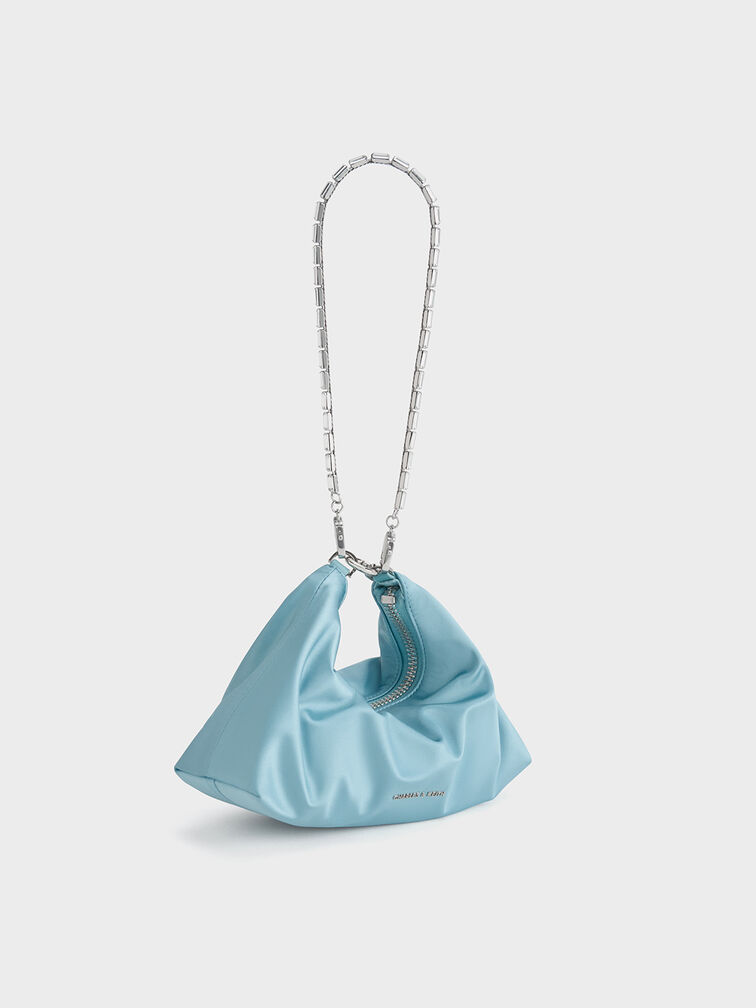 Satin Crystal-Embellished Chain-Handle Two-Way Bag, Sky Blue, hi-res