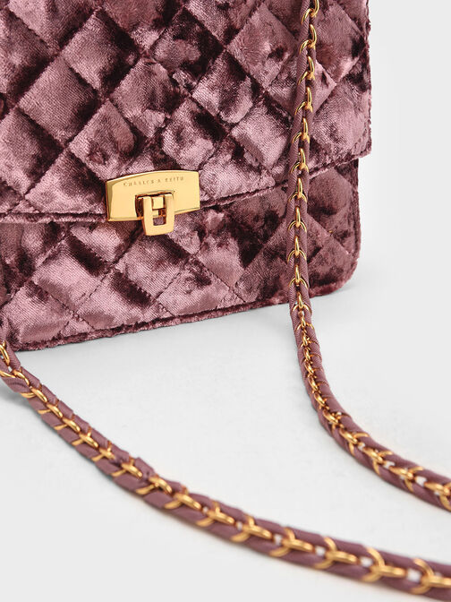 Velvet Quilted Push-Lock Clutch Bag, Mauve, hi-res