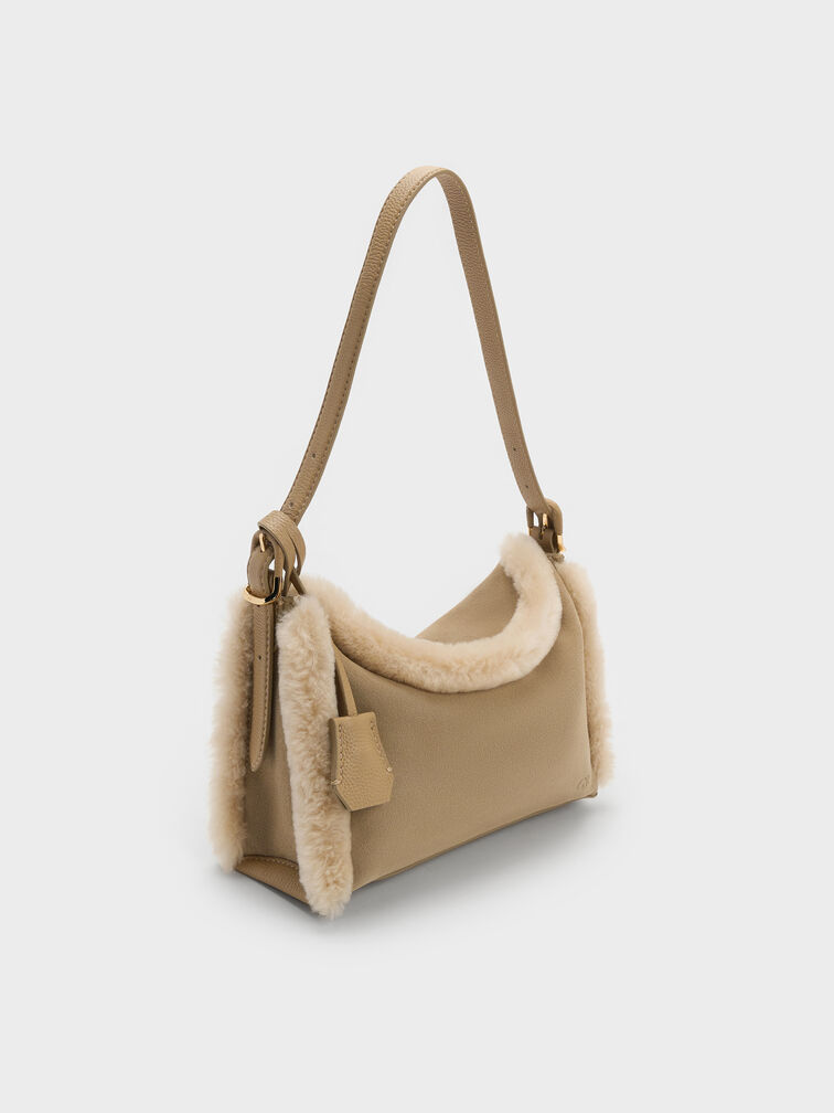 Suede Shearling-Lined Top-Flap Hobo Bag, Sable Beige, hi-res