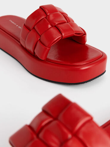 Interwoven Strap Platform Sandals, Red, hi-res