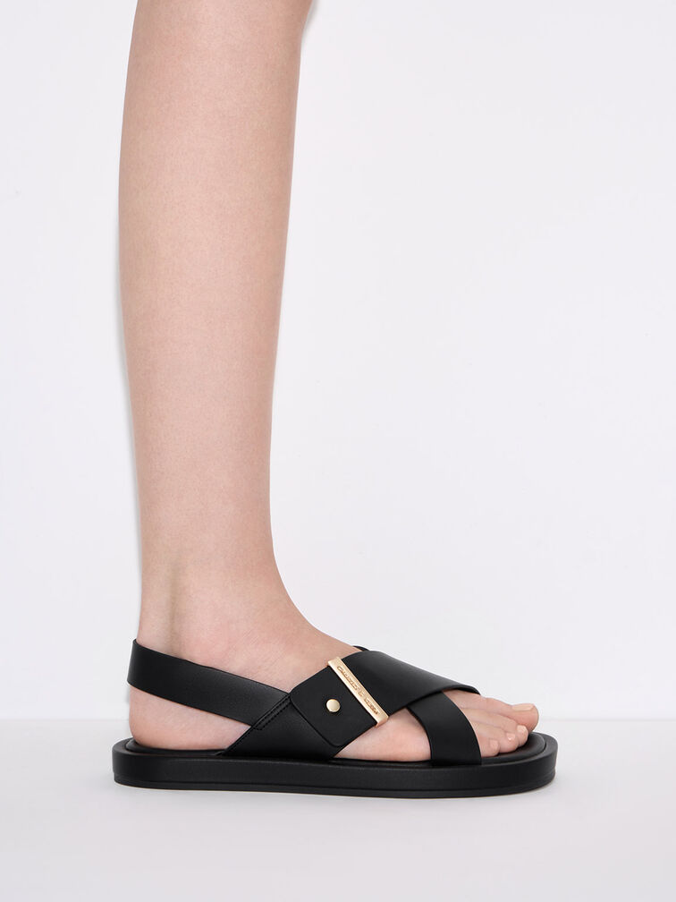 Crossover Back Strap Sandals, Black, hi-res
