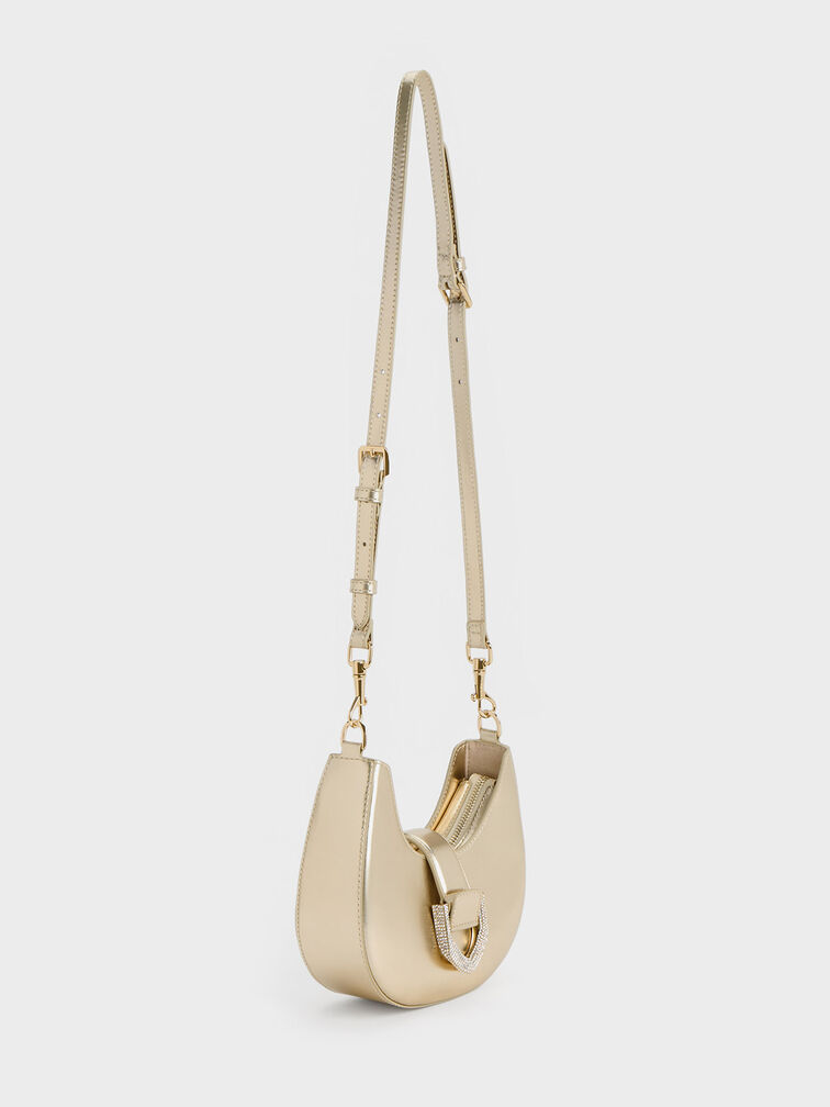 Gabine Metallic Leather Crystal-Embellished Hobo Bag, Gold, hi-res