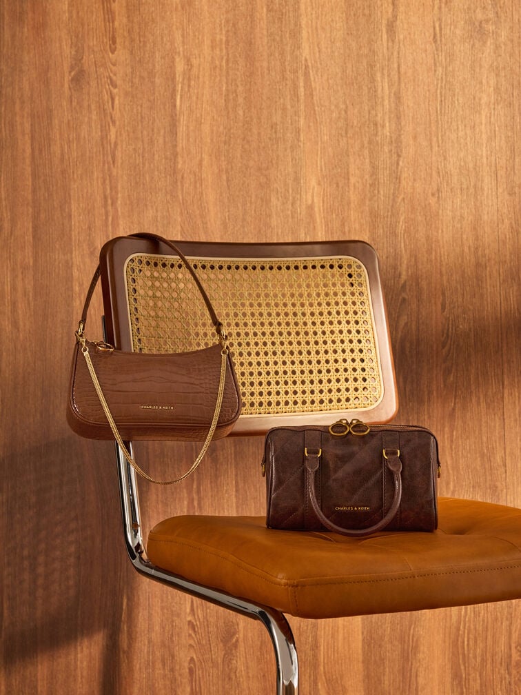 Philomena Panelled Chain-Handle Bowling Bag, Distressed Coffee, hi-res