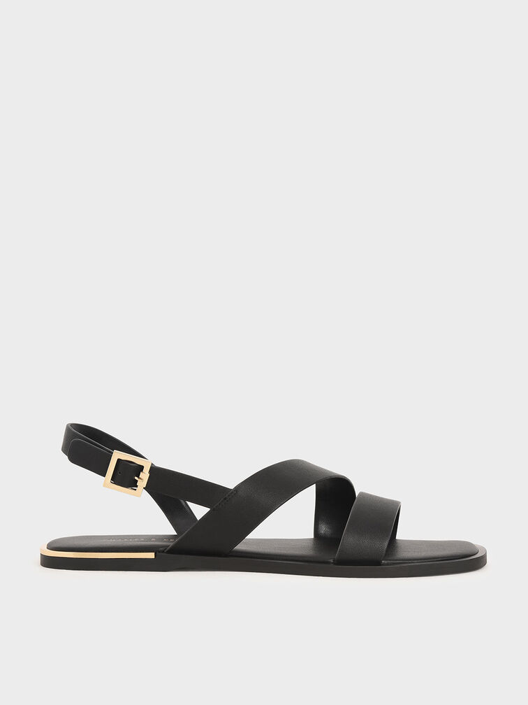 Asymmetric Strap Slingback Flats, Black, hi-res