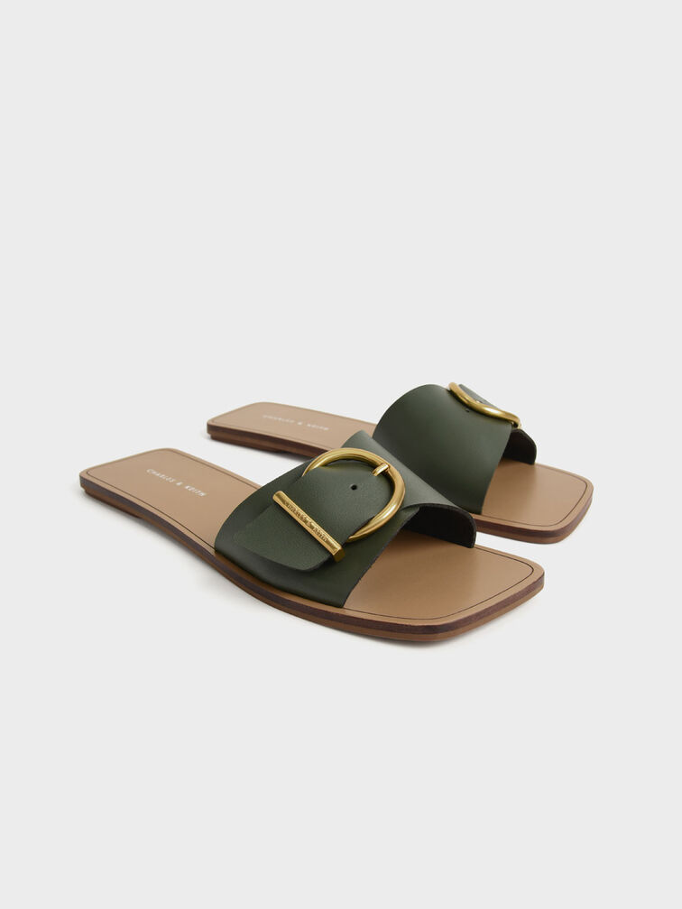 Square Toe Buckled Slides, Olive, hi-res