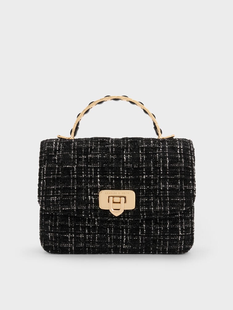 Cressida Tweed Quilted Top Handle Bag, Black Tweed, hi-res