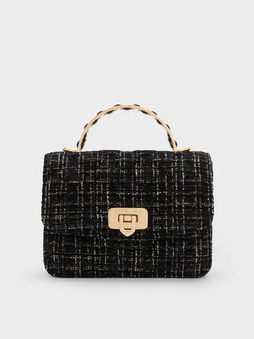 Cressida Tweed Quilted Top Handle Bag, Black Tweed, hi-res