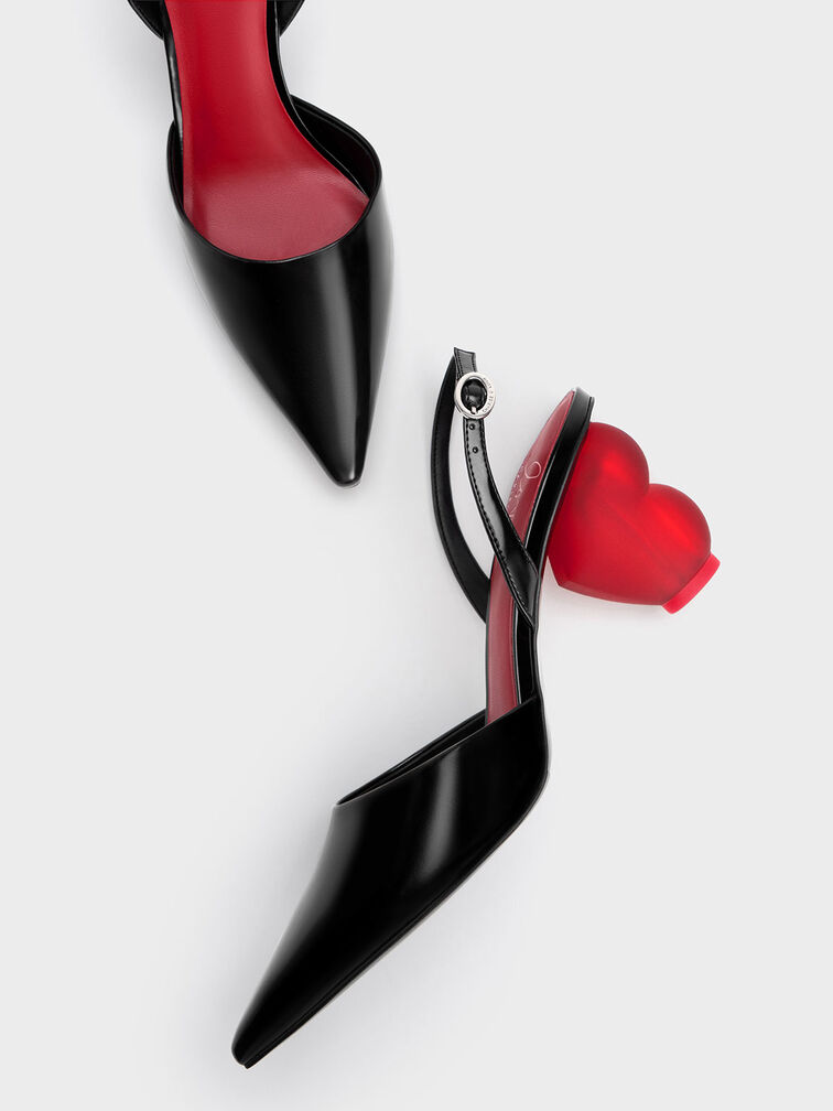 Heart Heel Slingback Pumps, Black, hi-res