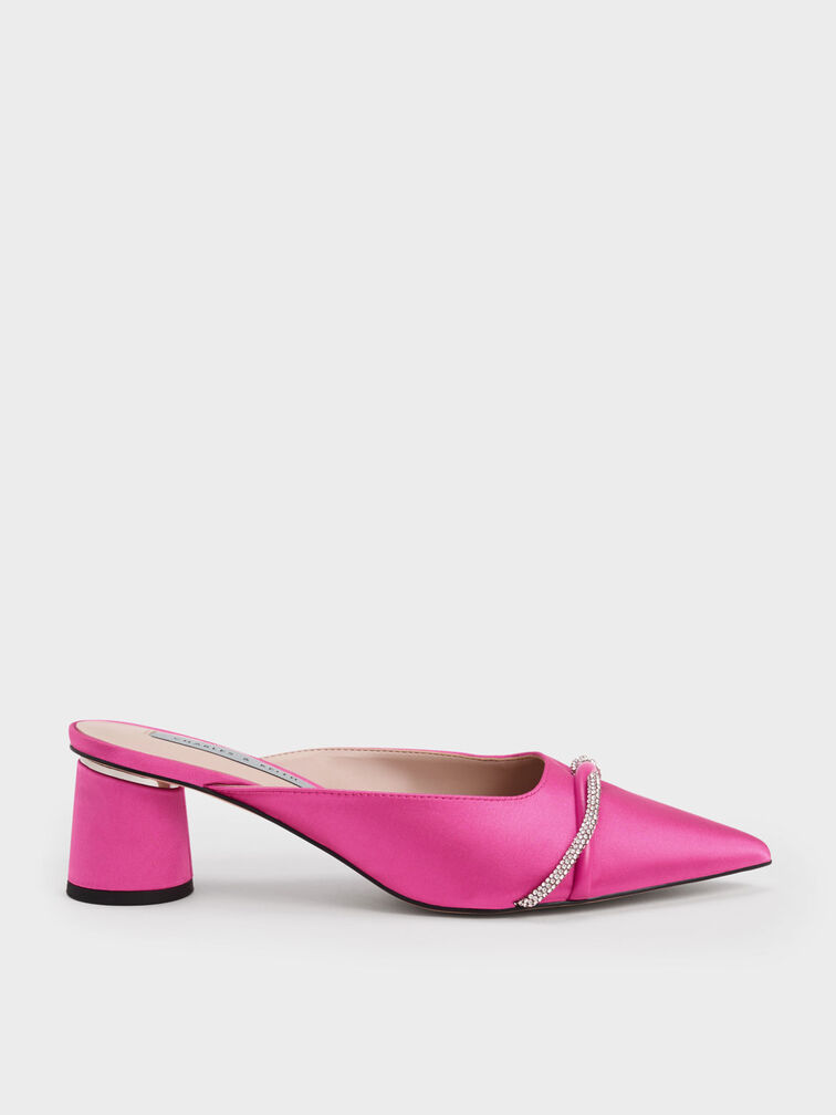 Twist Detail Satin Mules, Pink, hi-res