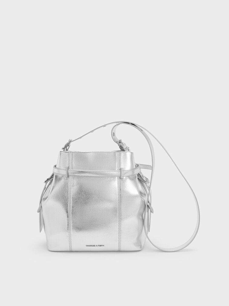 Bryna Metallic Belted Bucket Bag, Silver, hi-res