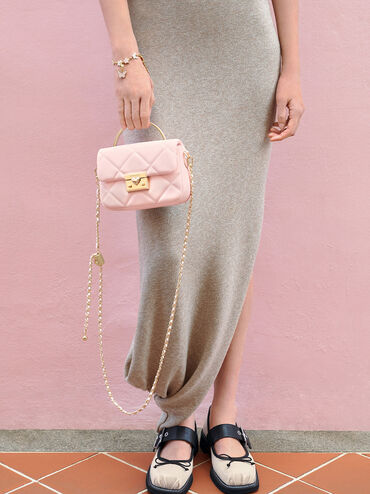 Quilted Boxy Top Handle Bag, Pink, hi-res