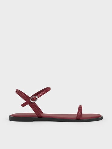 Studded Open-Toe Sandals, Burgundy, hi-res