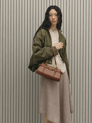 Gwynne Metallic-Accent Elongated Shoulder Bag, Chocolate, hi-res