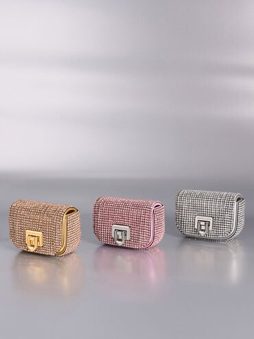 Crystal-Embellished Turn-Lock Mini Bag, Silver, hi-res