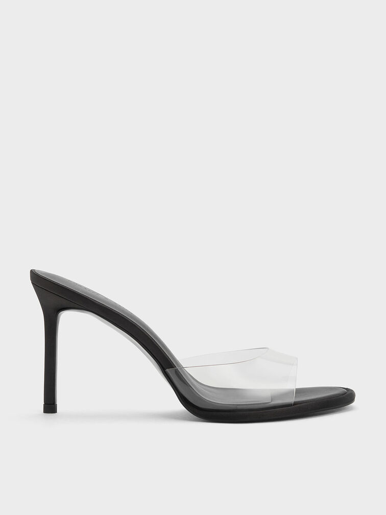 See-Through Cylindrical Heel Mules, Black, hi-res