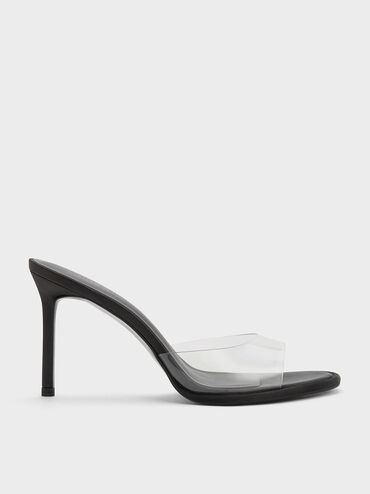 See-Through Cylindrical Heel Mules, Black, hi-res