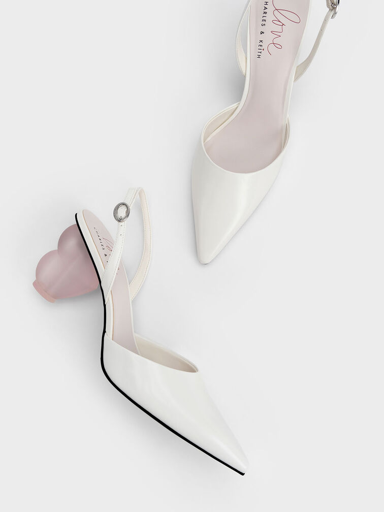 Heart Heel Slingback Pumps, White, hi-res